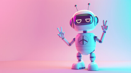Naklejka premium A charming robot making peace signs, with a playful expression against a pastel-colored background.