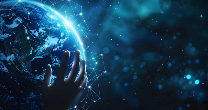 Hand touching digital Earth with network connections, representing global communication and technology in a dark, starry background.
