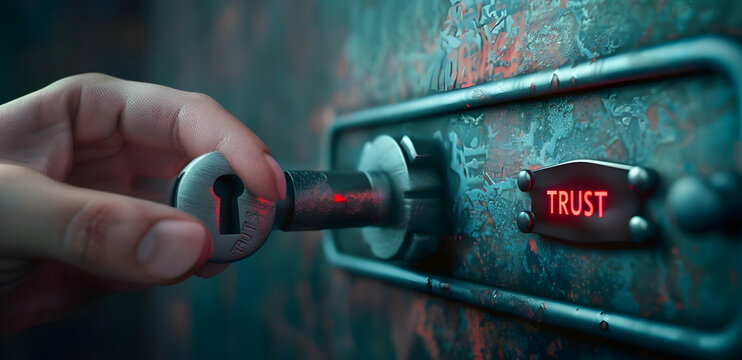 Hand turning key labeled 'trust'. Emphasizes security and reliability. Close-up view, symbolic of unlocking trust in relationships or business.