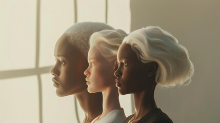 Fototapeta premium Three abstract profiles of women in different light and shadow, representing diversity and artistic expression in a serene setting.