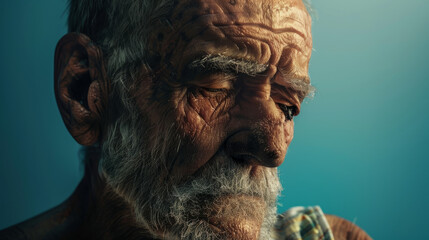 Close-up portrait of an elderly man with closed eyes, revealing deep lines and a contemplative expression, highlighting wisdom and age.