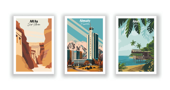 Almaty, Kazakhstan, Alofi, Niue, AlUla, Saudi Arabia - Vintage travel poster. Vector illustration. Poster Travel for Hikers Campers Living Room Decor