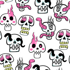 isolated seamless pattern a human skeleton skull in doodle style. object for poster backgrounds, backdrop, wallpaper, wrapping, textile, print