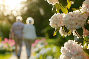 Elderly couple enjoying a leisurely walk through a sunlit park