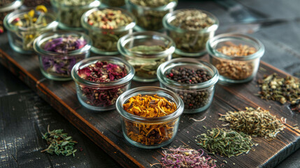 An assortment of colorful dried herbs and spices neatly arranged in small glass jars on a rustic wooden tray, ready for culinary use.