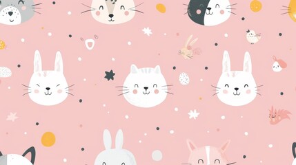 A cute wallpaper with cartoon-style animals such as cats, dogs, and rabbits 