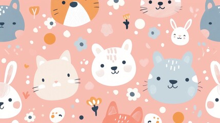 A cute wallpaper with cartoon-style animals such as cats, dogs, and rabbits 
