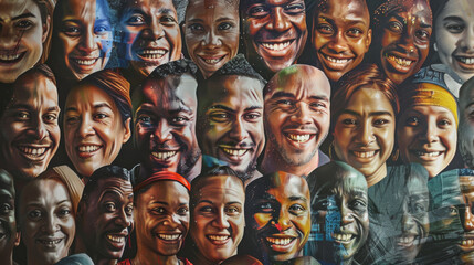 A vibrant mural featuring numerous expressive faces, depicting different emotions and stories, showcases artistic diversity and community spirit.