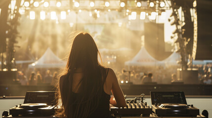 Back view of a female woman DJ or sound engineer playing at a music festival
