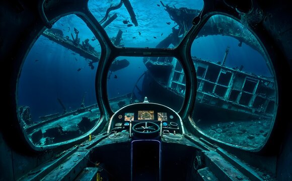 Fototapeta Sunken shipwreck seen from a submarine window