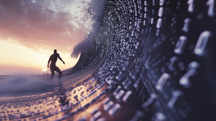 A person surfs a digital wave made of binary code at sunset, merging technology with the beauty of surfing.