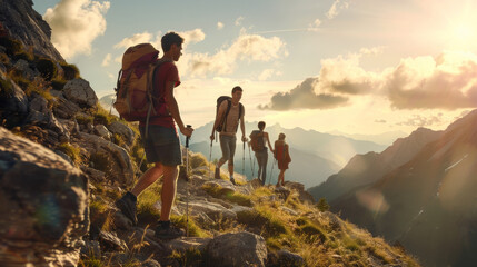 Obraz premium A group of hikers trekking along a mountain path during a golden sunset, capturing the spirit of adventure and camaraderie amidst breathtaking scenery.