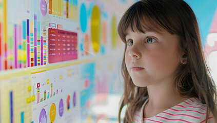 Young girl learns data analysis with colorful charts, graphs, and statistics displayed on the screen, showcasing educational technology.
