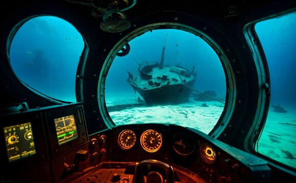 Fototapeta Sunken shipwreck seen from a submarine window