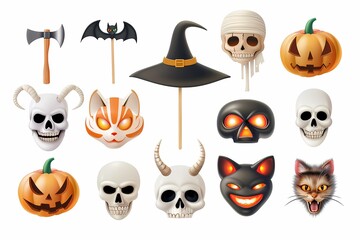 Fototapeta premium Set of spooky Halloween-themed masks, including pumpkins, skulls, witch hat, and animals.