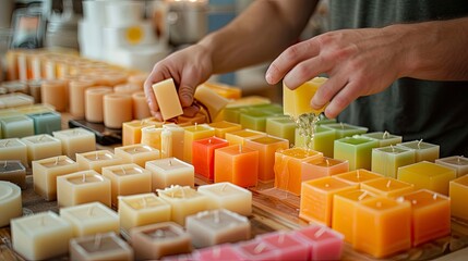 A table set for a candle-making session, with colorful wax blocks, molds, and essential oils, showing an individual carefully pouring wax into a mold, capturing a creative and aromatic hobby