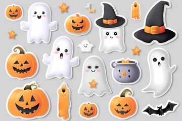 Cute Halloween stickers with ghosts, smiling pumpkins, and festive icons on a light background