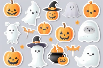 Cute Halloween stickers with ghosts, pumpkins, bats, and witch hats on a light gray background