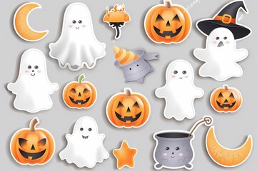 Naklejka premium Cute Halloween stickers: ghosts, pumpkins, crescent moon, and cauldron, perfect for seasonal decor