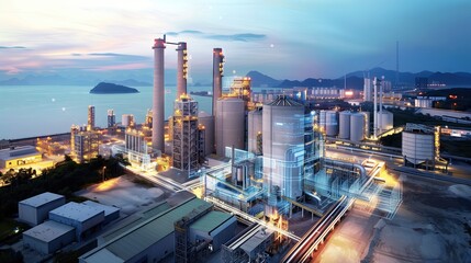High-tech cement plant with digital and sustainability elements overlaying Integrating technology with production equipment for more environmentally friendly and innovative industrial practices
