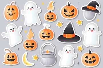 Naklejka premium Cute Halloween illustrations: ghosts, pumpkins, witch hats, cauldron, stars, and crescent moon