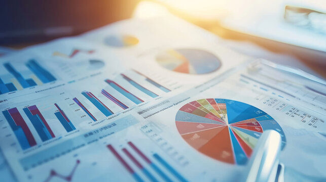 A close-up of financial charts and graphs on paper lit by warm light, representing detailed financial analysis and data interpretation.