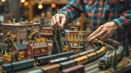 A model train enthusiast's detailed layout, complete with miniature towns, tracks, and trains, with an individual adjusting tiny figures and adding finishing touches