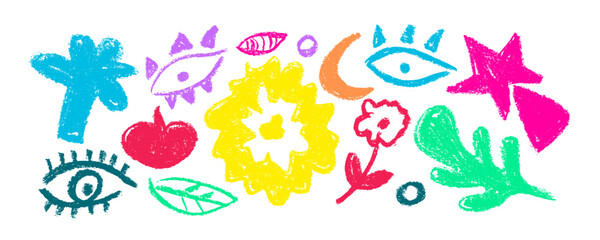 Trendy set with spring  multicolored flowers  different shapes,  eyes,  leaves,  apple. Floral silhouettes with  leaves. Grunge charcoal  brushstroke drawing.  Hand drawn vector print, fabric design.