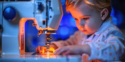 A young boy carefully operates a sewing machine