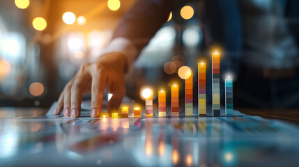 Businessman analyzing sales data with growth chart, highlighting business success, finance, and economic trends in a professional setting.