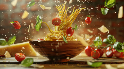 A vibrant explosion of spaghetti, herbs, and tomatoes captures the essence of flavorful Italian cuisine, frozen mid-motion above a rustic wooden bowl.