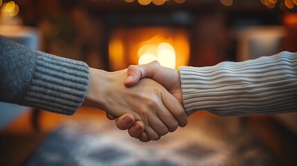 A friendly handshake between a homeowner and a guest in a cozy living room, with comfortable seating, a fireplace, and warm, inviting lighting creating a homely feel. --ar 16:9 --v 6.