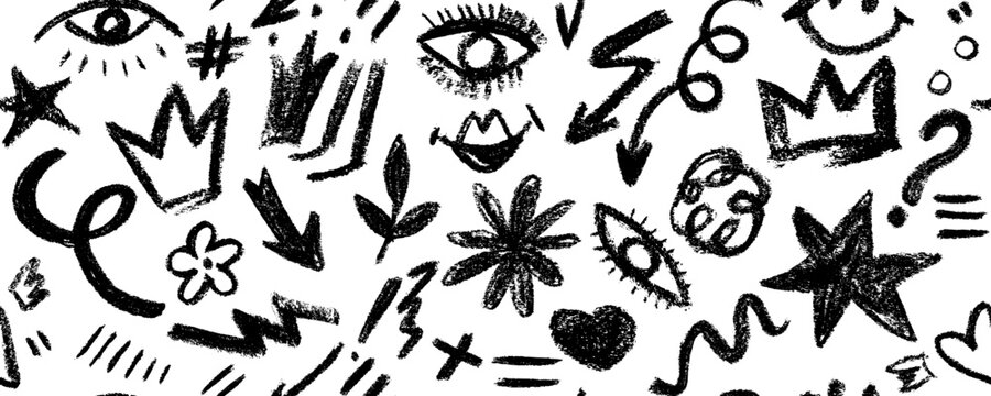 Seamless pattern organic grunge bold shapes, eyes, star, crown, arrow,  curved lines and dots. Geometric vector collage in Memphis style.  Hand drawn geometric pattern.