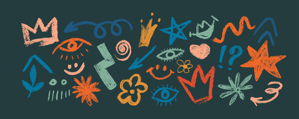 Collection with naive playful  shapes in doodle grunge style in multi colored. Squiggles, circles, crowns, arrows, asterisk,  dots and wavy bold lines. Vector illustration with colorful geometric elem