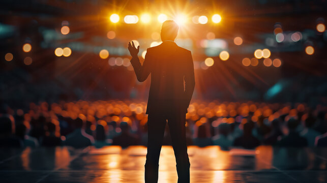Silhouette of a speaker on a stage addressing a large audience with bright lights in the background, perfect for events or conferences.