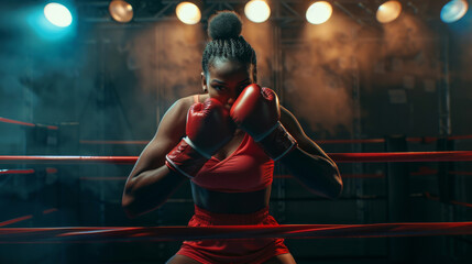 A strong and determined female boxer prepares to fight in a dimly lit boxing ring, embodying strength, confidence, and readiness for competition.