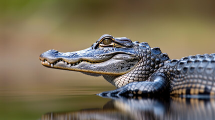 A close-up of an alligator's head and shoulders, with water in the background.