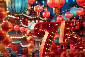 3D "75" in a glossy red plastic style on a Chinese National Day backdrop featuring parades, national symbols, and festive lights. --ar 3:2 Job ID: 404c7f01-8f06-4620-a9dd-eff3b184a184