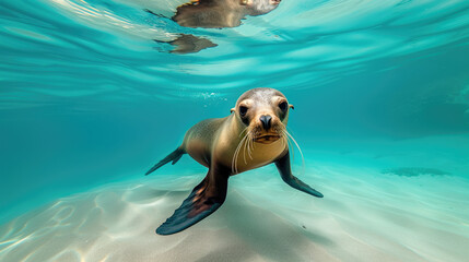 Fototapeta premium Underwater shot of a curious sea lion swimming in the ocean.