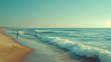 A serene beach setting with someone practicing surfing, paddling out on a surfboard, with waves rolling in and the horizon stretching out under a clear sky