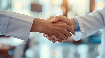 A handshake between a doctor and a patient in a bright clinic, with medical equipment and charts in the background, symbolizing trust and professional care.