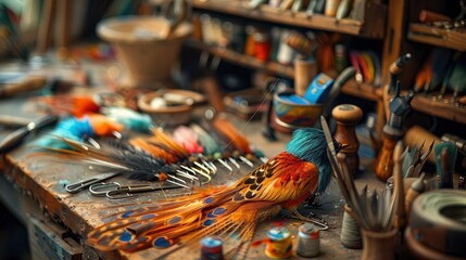A detailed close-up of someone tying flies for fishing, with a variety of colorful feathers, hooks, and tools spread out on a workbench