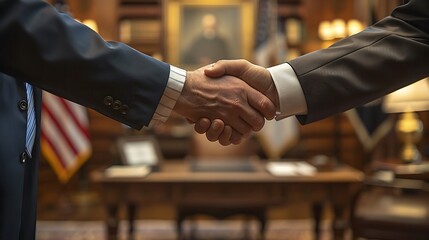 A handshake between a government official and a foreign envoy in a formal office setting, with national flags, a desk with documents, and a respectful, professional atmosphere. --ar 16:9 --v 6.