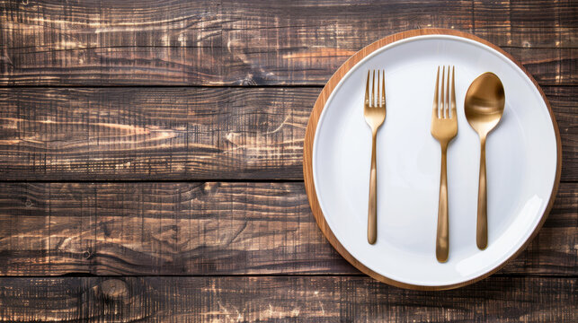 An overhead view of a set table with a white plate, gold cutlery, and a dark wooden table, showcasing a modern and elegant dining setup.