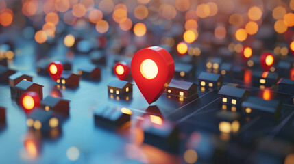 A 3D red location pin stands prominently on a map model, surrounded by miniature houses and glowing lights, symbolizing navigation and destination.