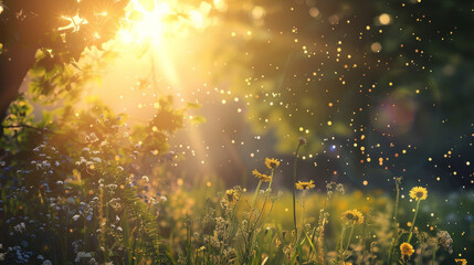 Glittery particles dance in a sunbeam over a meadow filled with wildflowers, capturing a magical moment of natural beauty.