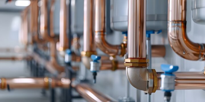 Modern plumbing service with copper pipeline for heating system in boiler room. Concept Plumbing Service, Copper Pipeline, Heating System, Boiler Room, Modern Technology