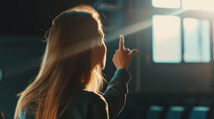 In a dimly lit room, a woman uplifts her hand as sunlight beams through the window, evoking hope and a quest for answers.