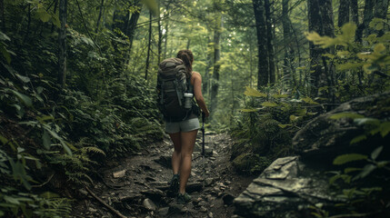 Obraz premium A solo hiker ventures deeper into a dense forest, capturing the essence of adventure and solitude on a leafy trail.