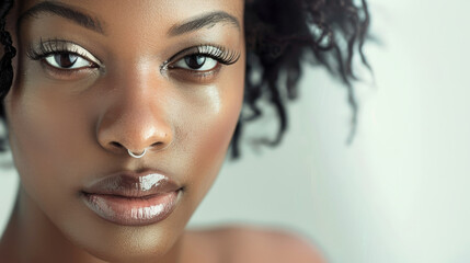 A close-up portrait of a person with expressive eyes and a nose ring, exuding natural beauty and confidence against a neutral background.